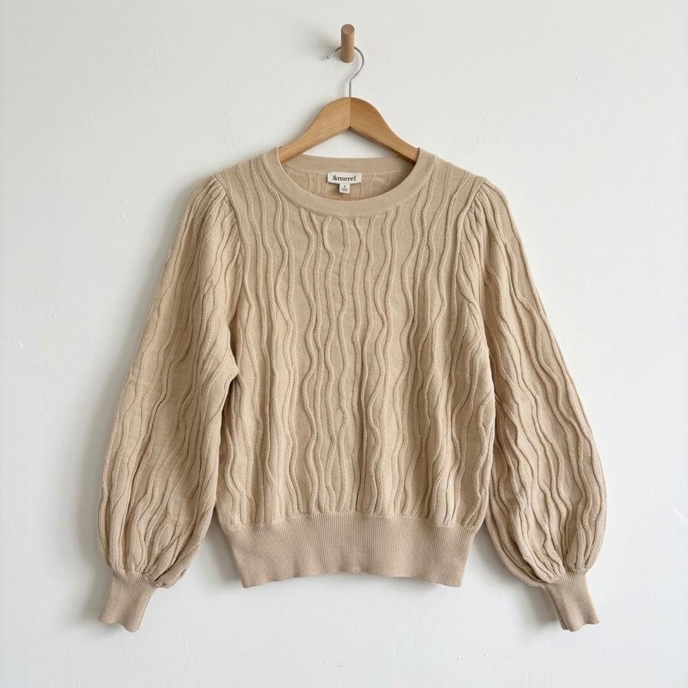 &merci‎ Beige Wavy Textured Puff Sleeve Crew Neck Sweater Small Neutral Minimal